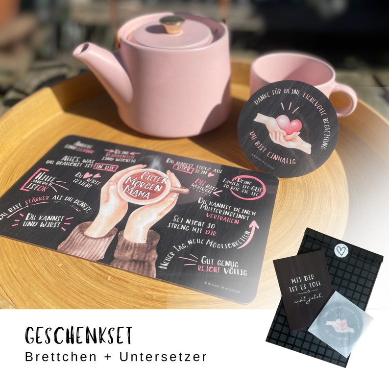 Geschenkset für Mama: Frühstücksbrettchen Guten Morgen Mama I Geschenk Muttertag, Geburtstagsgeschenk Mama, Geschenk frischgebackene Mama Set mit Untersetzer