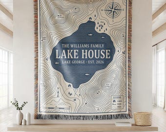 Personalized Lake House Throw Blanket, Custom Family Name Woven Blanket, Lake House Decor, Housewarming Gift, Cabin Cottage Throw