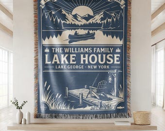 Personalized Lake House Throw Blanket, Custom Family Name Woven Blanket, Lake House Decor, Housewarming Gift, Cabin Cottage Throw