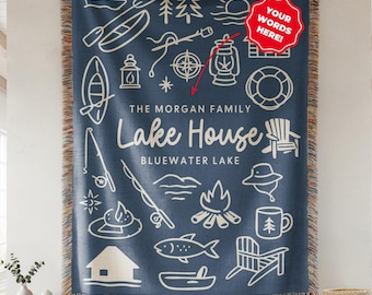 Personalized Lake House Throw Blanket, Custom Family Name Woven Blanket, Lake House Decor, Housewarming Gift, Cabin Cottage Throw