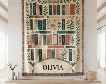 Personalized Book Lover Woven Blanket: Wildflower Bookshelf Throw