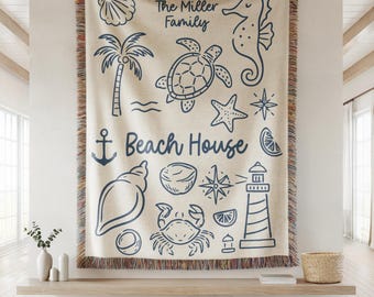 Personalized Family Beach House Woven Blanket, Coastal Decor Throw