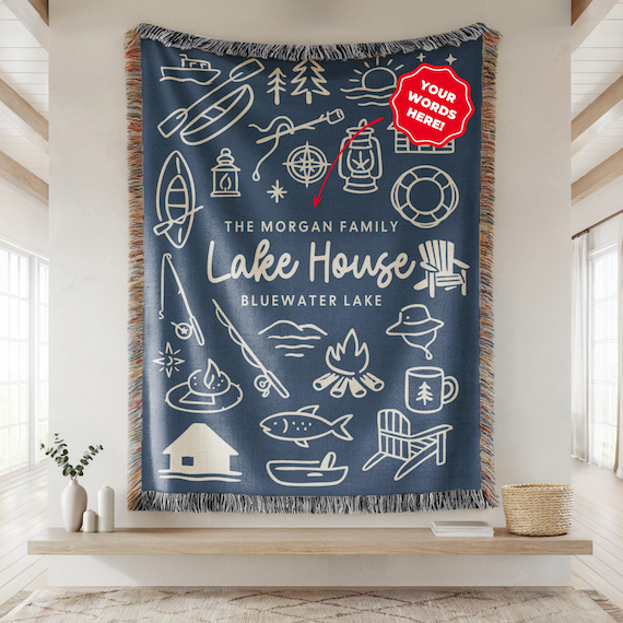 Personalized Lake House Throw Blanket, Custom Family Name Woven Blanket, Lake House Decor, Housewarming Gift, Cabin Cottage Throw