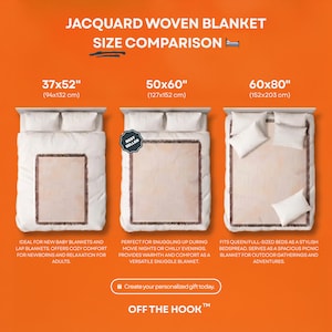 May include: A size comparison graphic for jacquard woven blankets. The image shows three beds with blankets in sizes 37x52 inches, 50x60 inches, and 60x80 inches. The blankets have a light brown center with a dark brown border. Text at the top reads "JACQUARD WOVEN BLANKET SIZE COMPARISON."