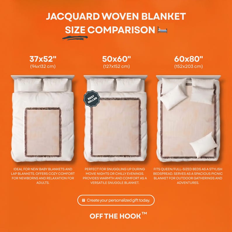 May include: A size comparison graphic for jacquard woven blankets. The image shows three beds with blankets in sizes 37x52 inches, 50x60 inches, and 60x80 inches. The blankets have a light brown center with a dark brown border. Text at the top reads "JACQUARD WOVEN BLANKET SIZE COMPARISON."