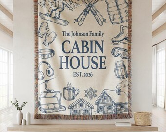 Personalized Cabin Woven Throw Blanket, Lake House Decor