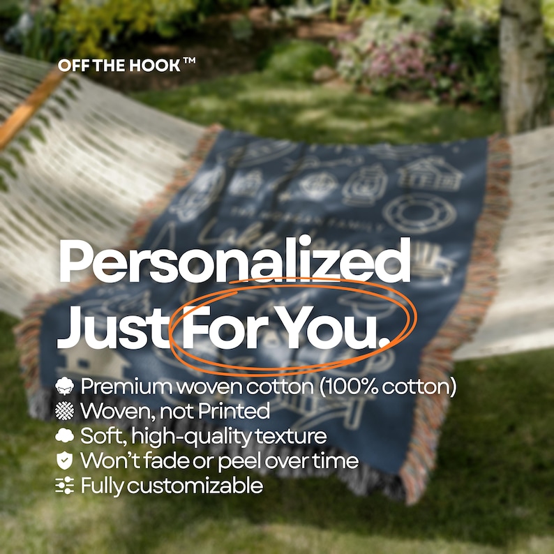 May include: A navy blue woven cotton blanket with a cream fringe is draped over a hammock. The blanket has a personalized design with the text "Personalized Just For You." The blanket is made of premium woven cotton and is fully customizable.