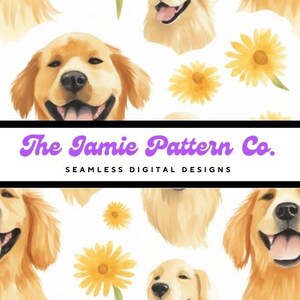 Golden Retriever & Sunflowers Seamless Digital Pattern, Watercolor Dog Illustration, Repeating Tile for DIY, Instant Download for Dog Lovers