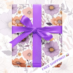 Geschenkpapier – Geschenkpapier mit Mohnblumen, lila und Pfirsich – luxuriöse Geschenkverpackung für Urlaubs-, Braut-, Frühlings- und Geburtstagsgeschenke 2 m Geschenkpapierrolle
