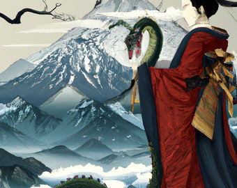 Japanese Ukiyo-e style painting digital art print titled "Destinys Dragon" features an empress and a dragon with a mountain background