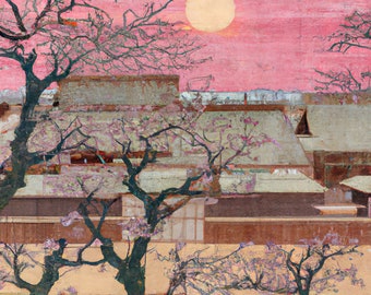 Japanese Ukiyo-e style painting digital art print titled "Eyes of Nature" features Cherry blossoms overlooking a village