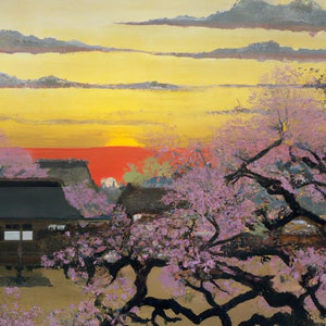 May include: A painting depicting a Japanese landscape with a sunset in the background. The sky is a vibrant yellow with streaks of orange and red. In the foreground, there are cherry blossom trees with pink flowers. A traditional Japanese house can be seen in the distance.