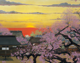 Japanese Ukiyo-e style painting digital art print titled "Sunset" features a beautiful Japanese village sunset