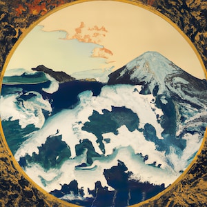 Japanese Ukiyo-e style painting digital art print titled &quot;Fate of the waves&quot; features a majestic roaring ocean wave in a mountain setting
