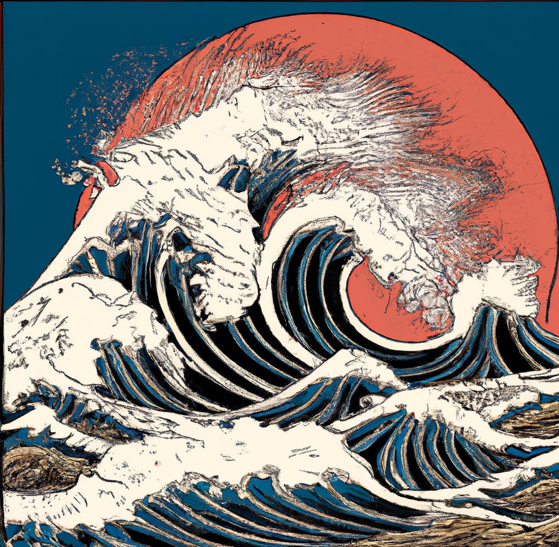 Japanese Ukiyo-e style painting digital art print titled Dragons of the Sea features a majestic roaring ocean wave image 1