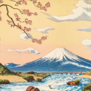 Japanese Ukiyo-e style painting digital art print titled &quot;Shangri La&quot; features an invigorating magical mountain scene