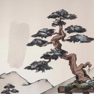 May include: A black and white ink drawing of a bonsai tree with a thick trunk and branches. The tree is set against a light beige background.