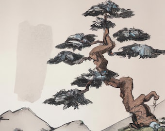 Japanese Ukiyo-e style painting digital art print titled "Peace" features a peaceful Bonzai tree overlooking mountains