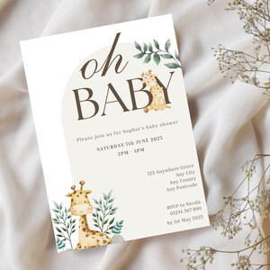 Giraffen-Babypartyeinladung, bearbeitbare digitale Einladung, neutrales Design, Safari-Thema, neutrales Geschlecht, sofortiger Canva-Vorlagendownload