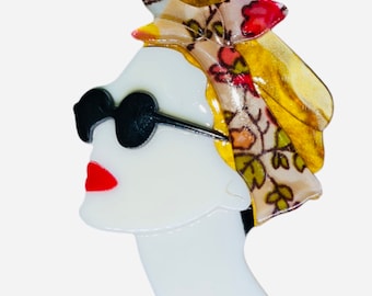 Quirky 1940's Vintage Style Lady with Sunglasses and Floral Headscarf Acrylic Large Brooch - Birthday Present - Unusual!