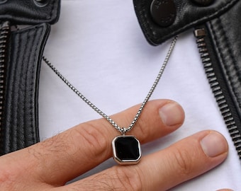 Collier en onyx noir pour homme, pendentif en pierre d'onyx noir, collier pour homme personnalisé, bijoux personnalisés pour lui