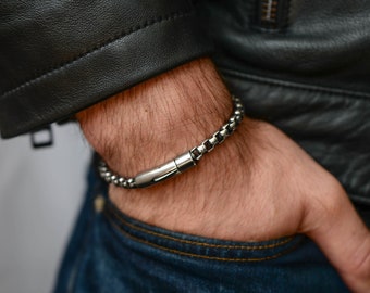 Box Chain Bracelet for Men, 6mm Stainless Steel Round Box Link Bracelet for Men, Silver Mens Bracelet, Men Jewelry, Gift for Him,