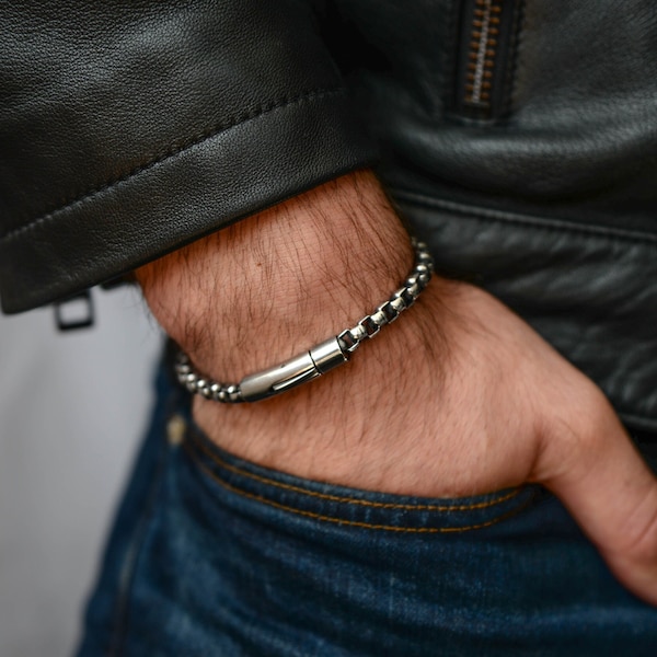 Box Chain Bracelet for Men, 6mm Stainless Steel Round Box Link Bracelet for Men, Silver Mens Bracelet, Men Jewelry, Gift for Him,