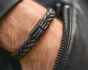 Bracelet en cuir pour homme personnalisé : noms de famille gravés, anniversaire personnalisé et cadeau d'anniversaire pour papa, mari - Bracelet fait main unique