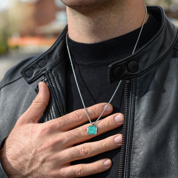 Collana con ciondolo turchese da uomo, ciondolo in pietra turchese, collana da uomo, gioielli per uomo, acciaio inossidabile, regalo perfetto per lui