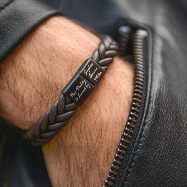 Bracelet en cuir pour homme personnalisé : noms de famille gravés, anniversaire personnalisé et cadeau d'anniversaire pour papa, mari - Bracelet fait main unique