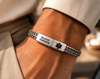 Personalized Medical ID Bracelet Men, Engraved Bar, Stainless Steel Alert Jewelry, Blood Thinner Bracelet, Emergency Bracelet Tag