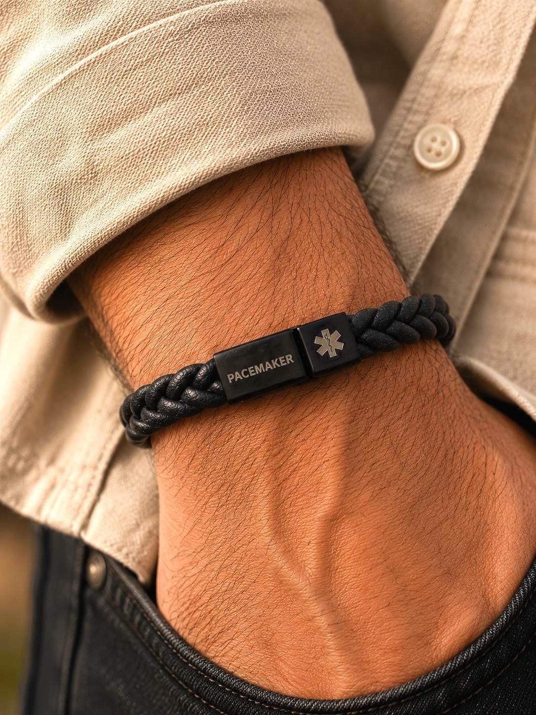Personalised Medical Alert Bracelet for Men, Engraved Medical ID Bracelet, Emergency Medical Bracelet, Braided Leather Bracelet Gift Dad
