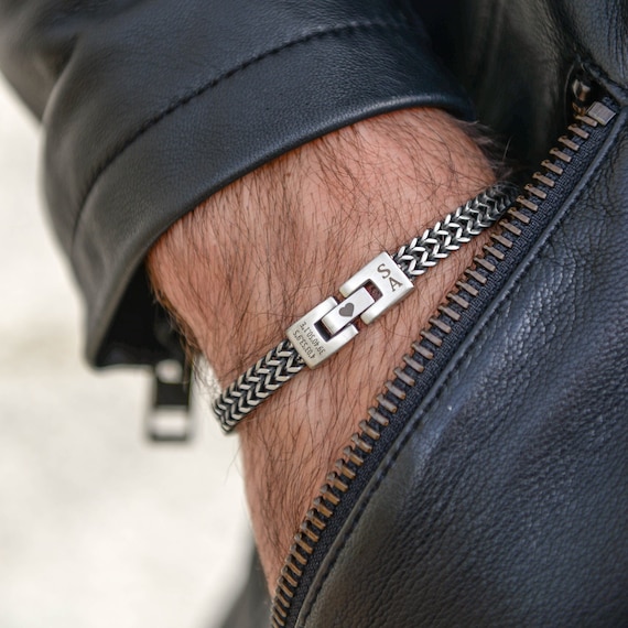 Engraved Stainless Steel Curb Chain Bracelet for Men