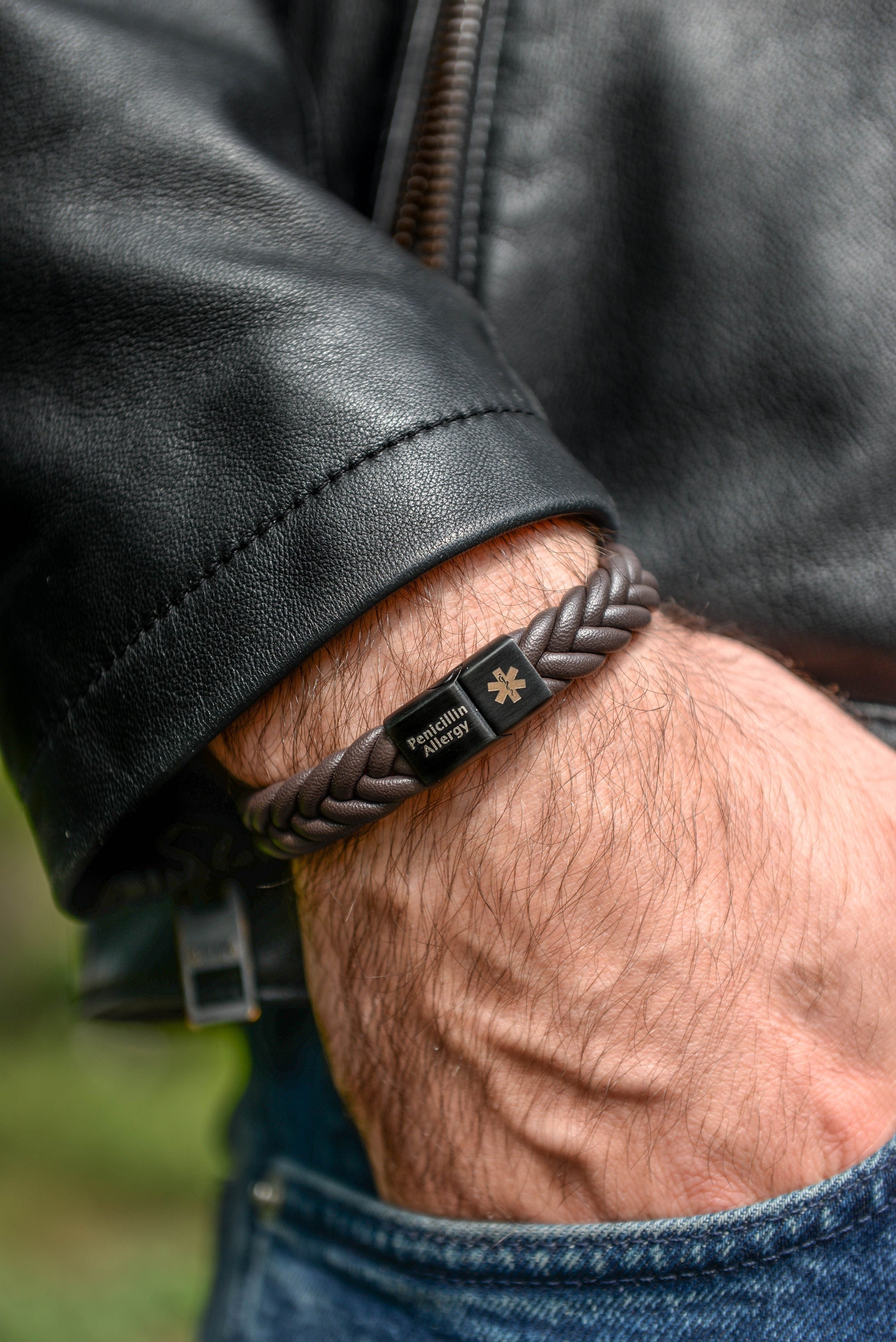 Custom Men's Leather Bracelet: ID Medical Alert Bracelet, Engraved Family Names, Personalized Anniversary & Birthday Gift for Dad