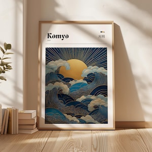 Navy Blue Waves Japandi Wall Art Print, Gold Sun Hokusai Inspired Poster, Modern Zen Sea Landscape Japanese Wall Art, Printable Wall Art