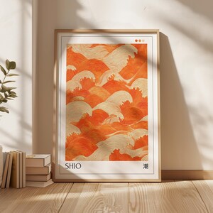 Orange Waves Japanese Wall Art, Modern Ukiyo-e Inspired Japandi Wall Art Print, Abstract Sea Wave Poster for Home, Printable Wall Art