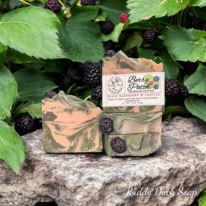 May include: A stack of three handmade soap bars with a green and brown swirl pattern. The soap bars are labeled "Berry Patch Handmade Soap Bar" and "Black Raspberry & Vanilla". The soap bars are sitting on a gray rock with green leaves and black berries in the background.