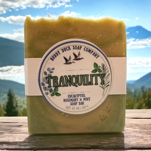 Tranquility A handmade soap bar featuring Eucalyptus Rosemary and Spearmint Fragrances, Kaolin & French Green Clay, Goat Milk