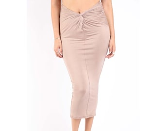 Flattering Twist Front Bodycon Midi Skirt - Stretchy and Comfortable