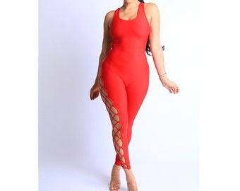 Lace-Up Sleeveless Jumpsuit with Side and Back Detailing - Perfect for Parties, Clubwear, and Festivals Red Small Medium Large