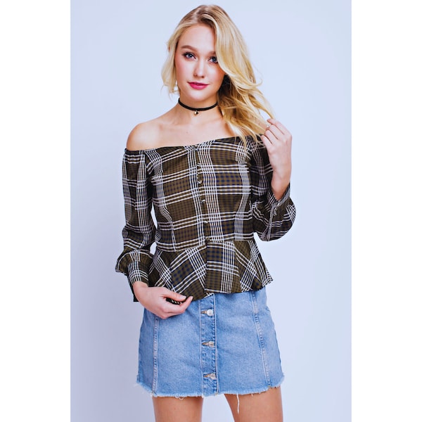 Women's Casual Plaid Button Front Off The Shoulder Peplum Top Super Cute Comfy