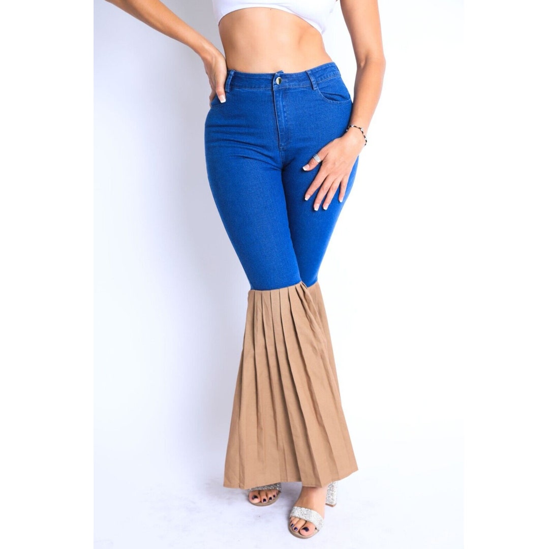 Women's Pleated Denim Wide Leg Flared Bell Bottom Pants - Etsy