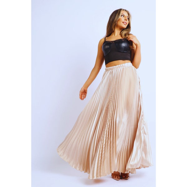 Women's Elastic High Waist A-Line Pleated Satin Maxi Skirt Formal Prom Party