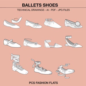 May include: A set of nine technical drawings of ballet flats. The drawings show different styles of flats, including flats with bows, straps, and buckles. The drawings are labelled "Ballet Shoes" and "PCS Fashion Flats".