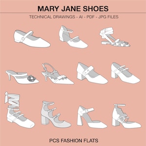 Peut inclure: Un ensemble de neuf dessins techniques de chaussures Mary Jane. Les dessins sont en noir et blanc et montrent les chaussures de profil. Les chaussures ont des styles différents, y compris des brides, des boucles et des nœuds. Le texte "MARY JANE SHOES" et "PCS FASHION FLATS" est inclus dans l'image.