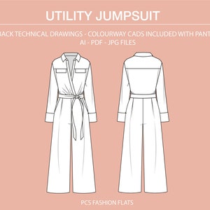 Op de afbeelding: Technische tekening van een witte utility jumpsuit met lange mouwen, een kraag en een riem. De voor- en achterkant zijn getoond.