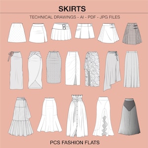 Peut inclure: Dessins techniques de jupes. L'image présente différents modèles de jupes, des mini aux maxi, avec des détails tels que des plis, des modèles portefeuille et des ornements. Le texte en haut indique "SKIRTS" et "TECHNICAL DRAWINGS - AI - PDF - JPG FILES".