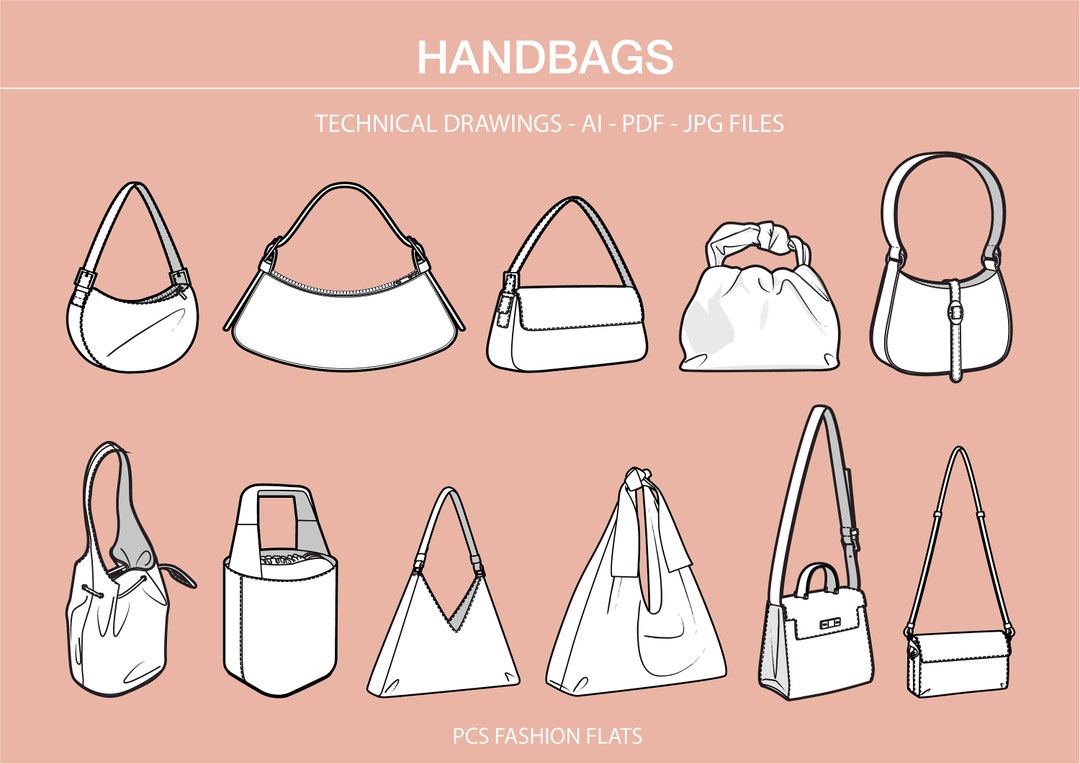 Handbags Ai, Technical Flat Drawing, Shoulder Bag CAD, Illustrator