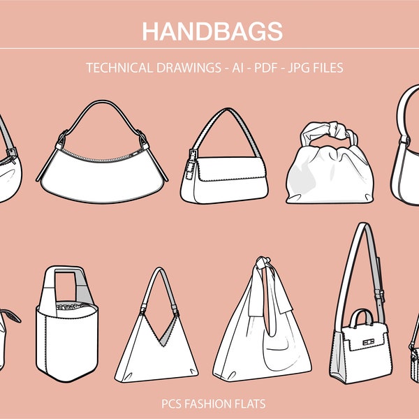 Handbags Ai, Technical Flat Drawing, Shoulder Bag CAD,  Illustrator Drawing, Crossbody Bag Vector, Baguette Bag, Ai Fashion CAD Drawings