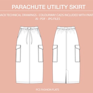 Op de afbeelding: Een technische tekening van een witte utility rok met een trekkoord tailleband en twee grote cargo zakken aan elke kant. De rok heeft een split aan de voorkant en wordt van voren en achteren getoond.